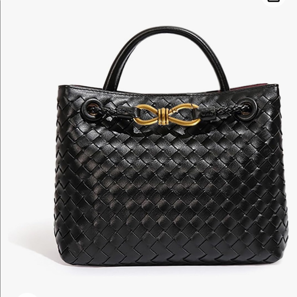 Woven Leather Shoulder Crossbody Bag - black